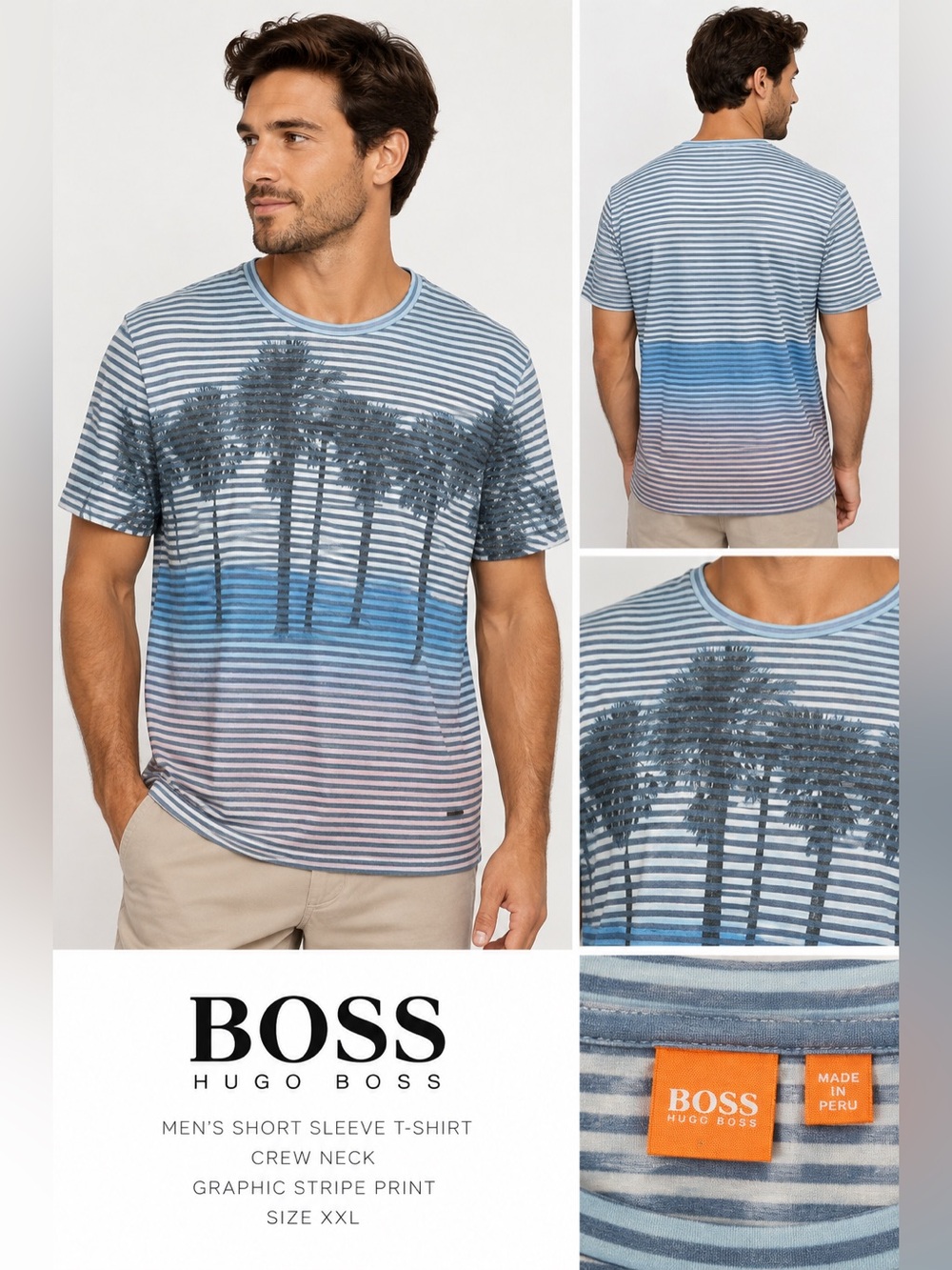 Hugo Boss Blue and White Striped Palm-Print Short Sleeve Tee NWT